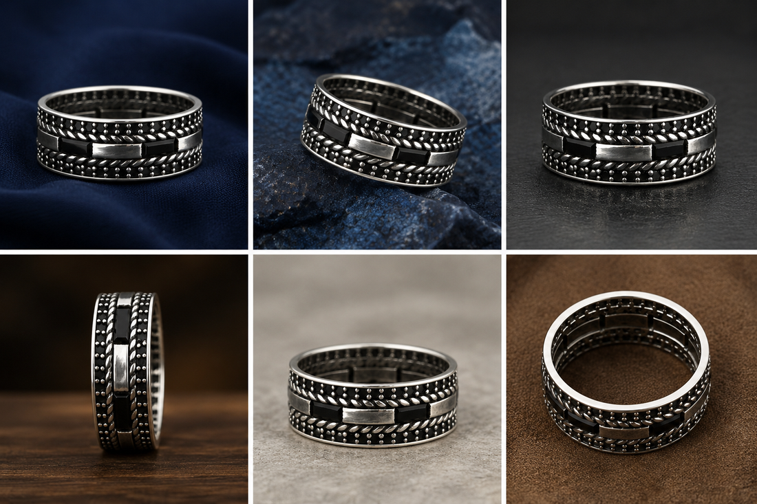 Turkish-Inspired 925 Sterling Silver Black Beaded Triple-Row Band Ring for Men - alternate view 2