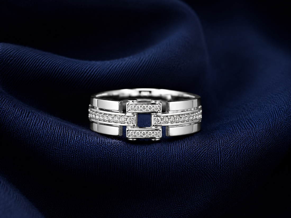 Premium 925 Sterling Silver Two-Tone Geometric Band Ring for Men - front view
