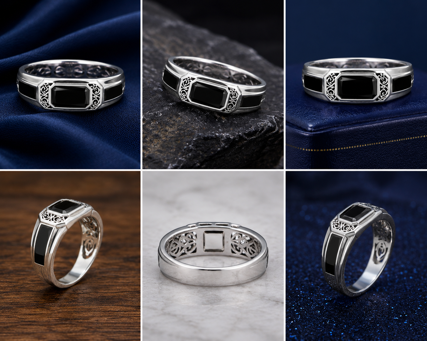 Premium 925 Sterling Silver Black Inlay Panel Band Ring for Men - front view