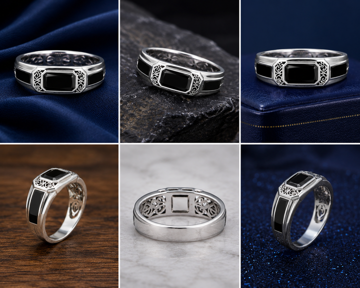 Premium 925 Sterling Silver Black Inlay Panel Band Ring for Men - front view