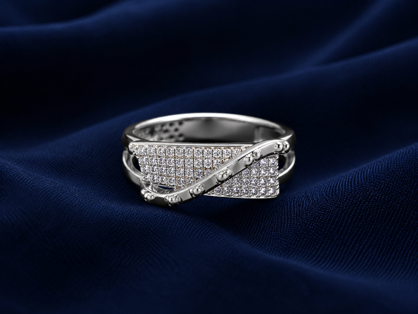 Premium 925 Sterling Silver Baguette Crossover Ring for Men - front view