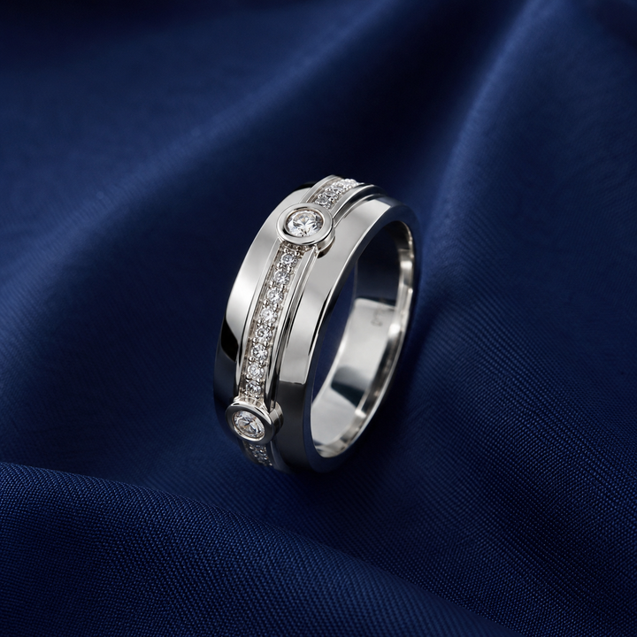 Premium 925 Sterling Silver Round Accent Channel Band Ring for Men - front view