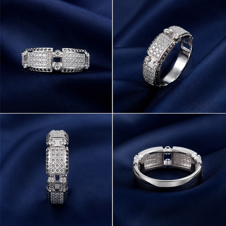 Premium 925 Sterling Silver Double-Baguette Link Band Ring for Men - front view