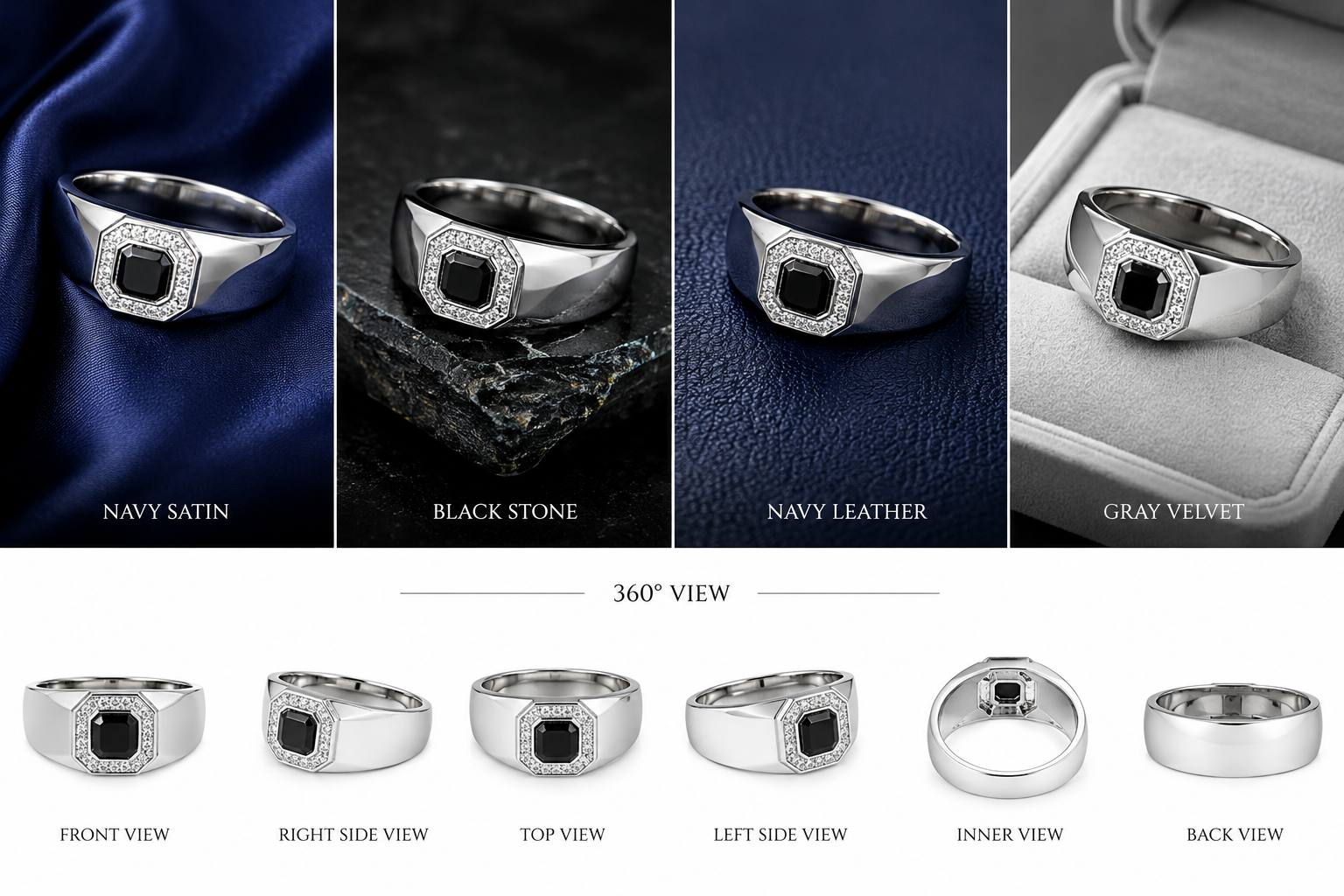 Premium 925 Sterling Silver Black Oval Signet Ring for Men - front view