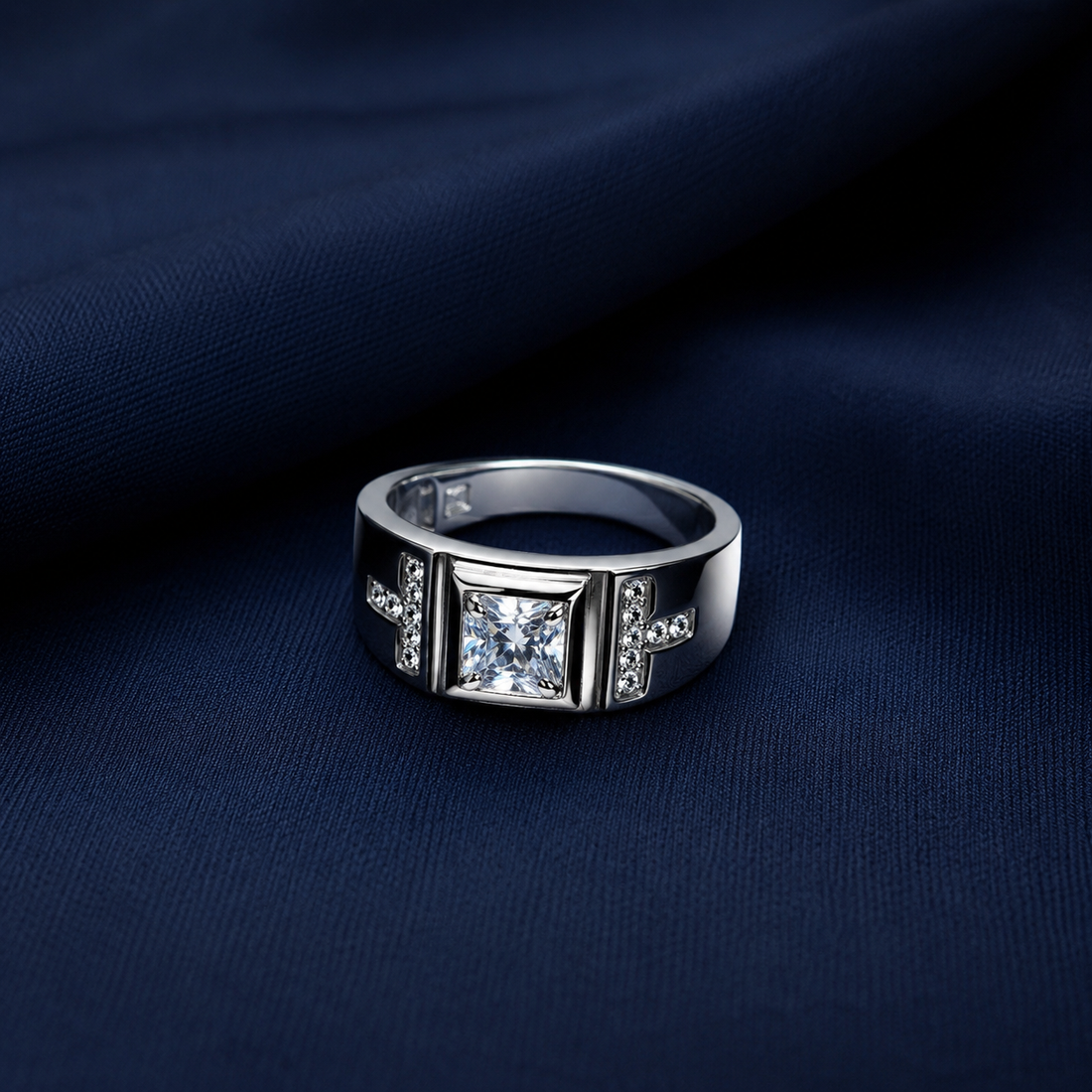 Premium 925 Sterling Silver Princess-Cut Trio Band Ring for Men - front view