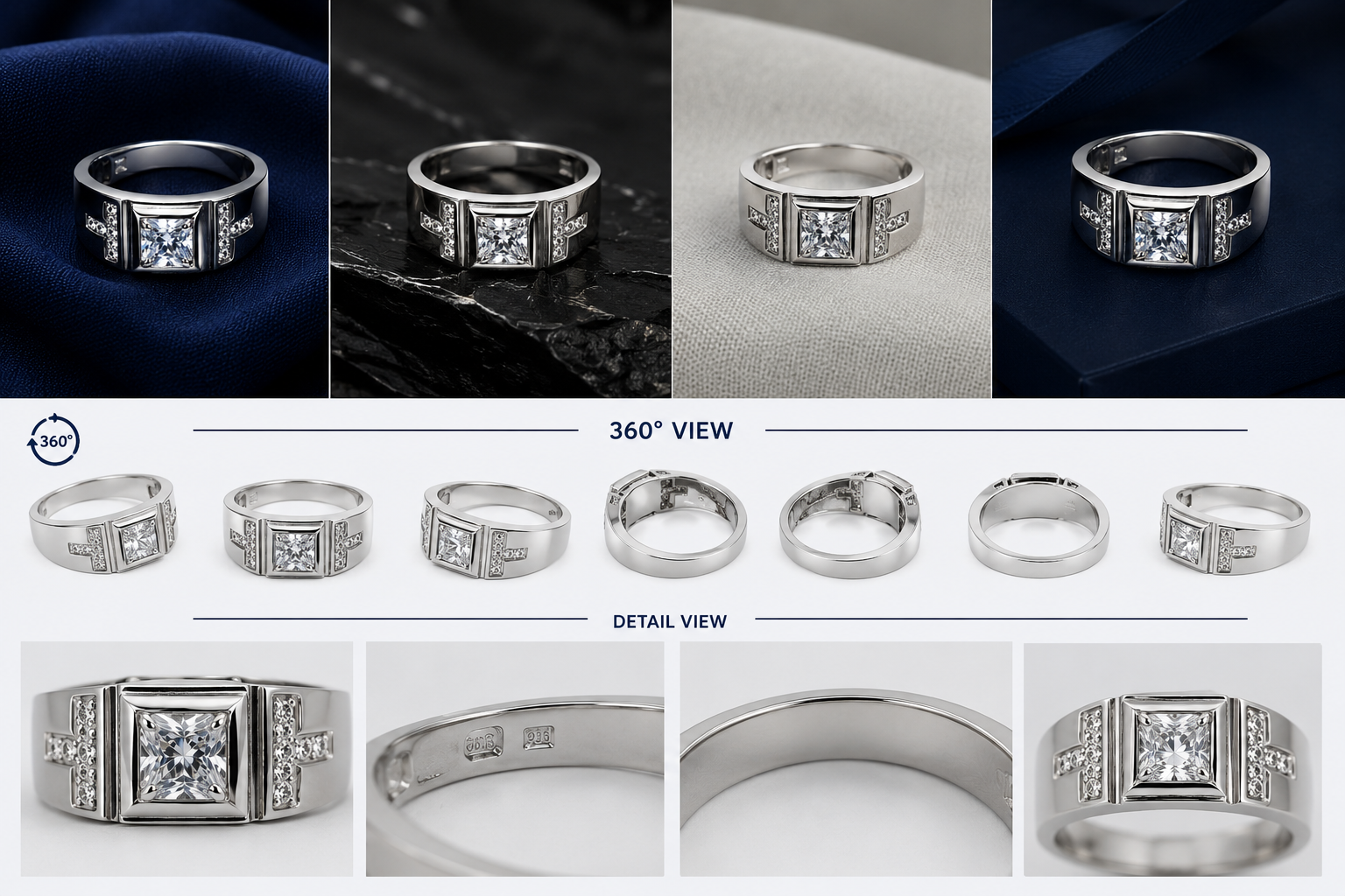 Premium 925 Sterling Silver Princess-Cut Trio Band Ring for Men - alternate view 2