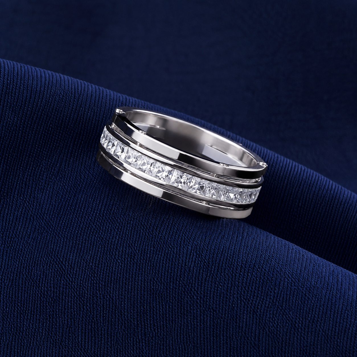 Premium 925 Sterling Silver Layered Linear Accent Band Ring for Men - front view