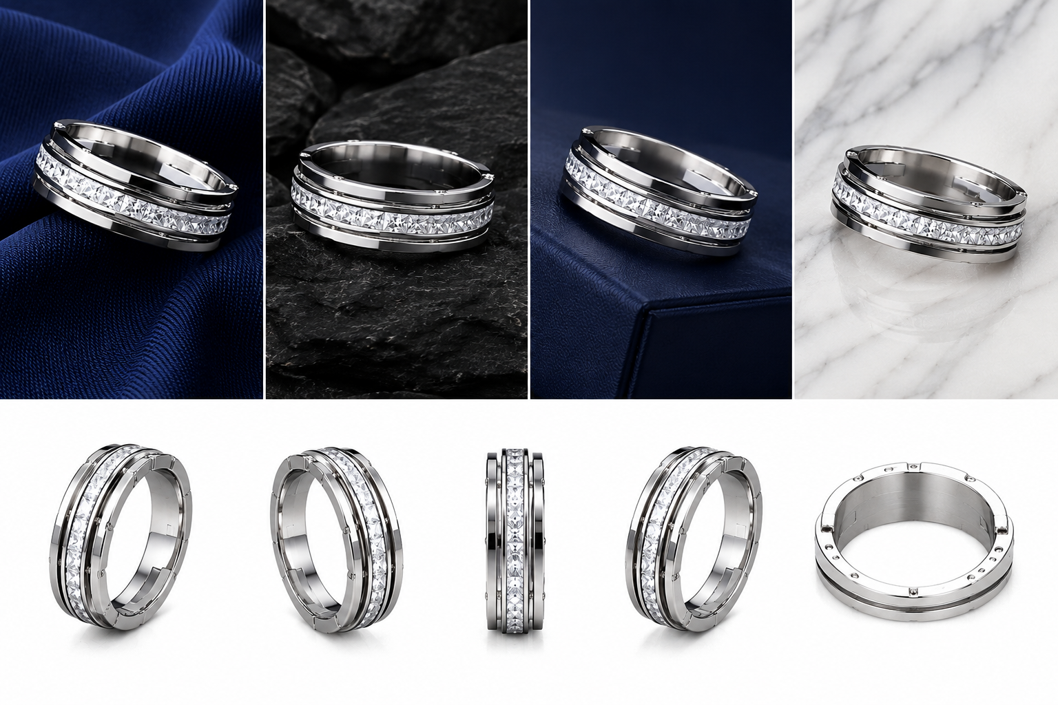 Premium 925 Sterling Silver Layered Linear Accent Band Ring for Men - alternate view 2