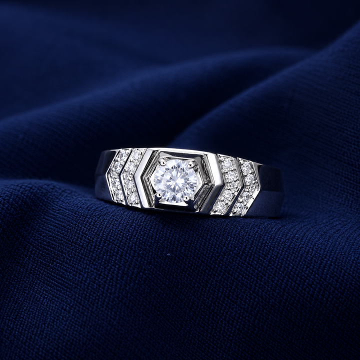 Premium 925 Sterling Silver Geometric Halo Signet Ring for Men - front view