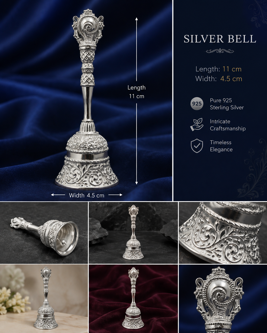 925 Sterling Silver Ornate Pooja Bell - image 3