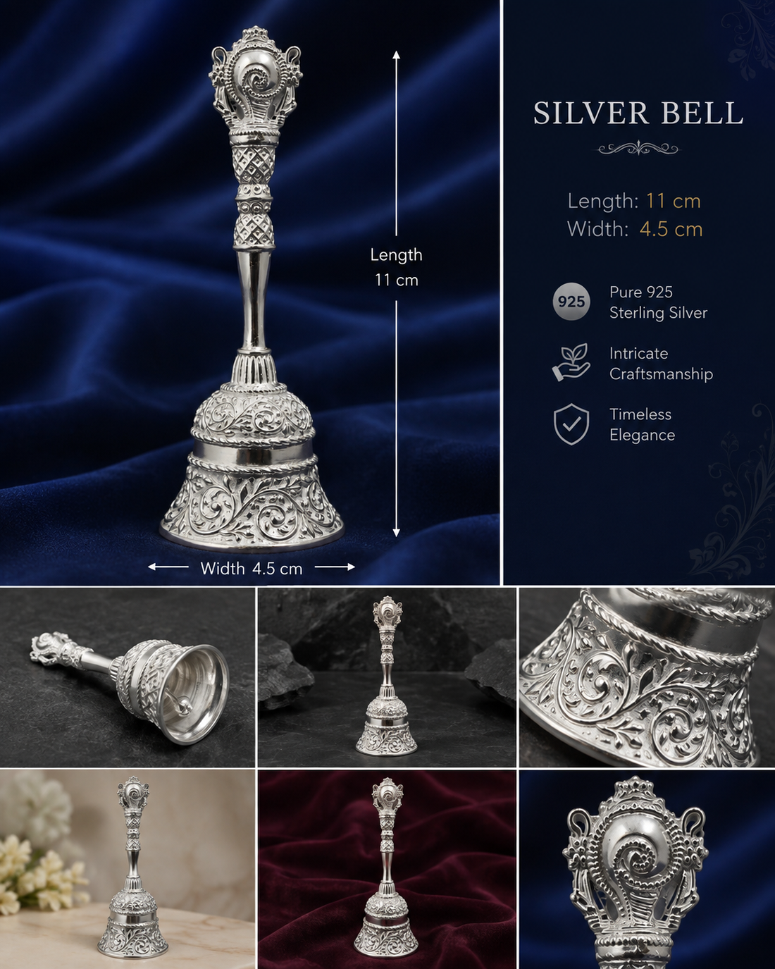 925 Sterling Silver Ornate Pooja Bell - image 3