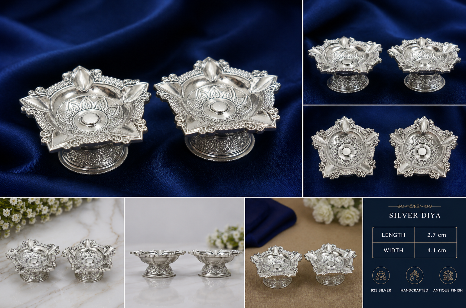 925 Sterling Silver Lotus Diya Pair - image 2