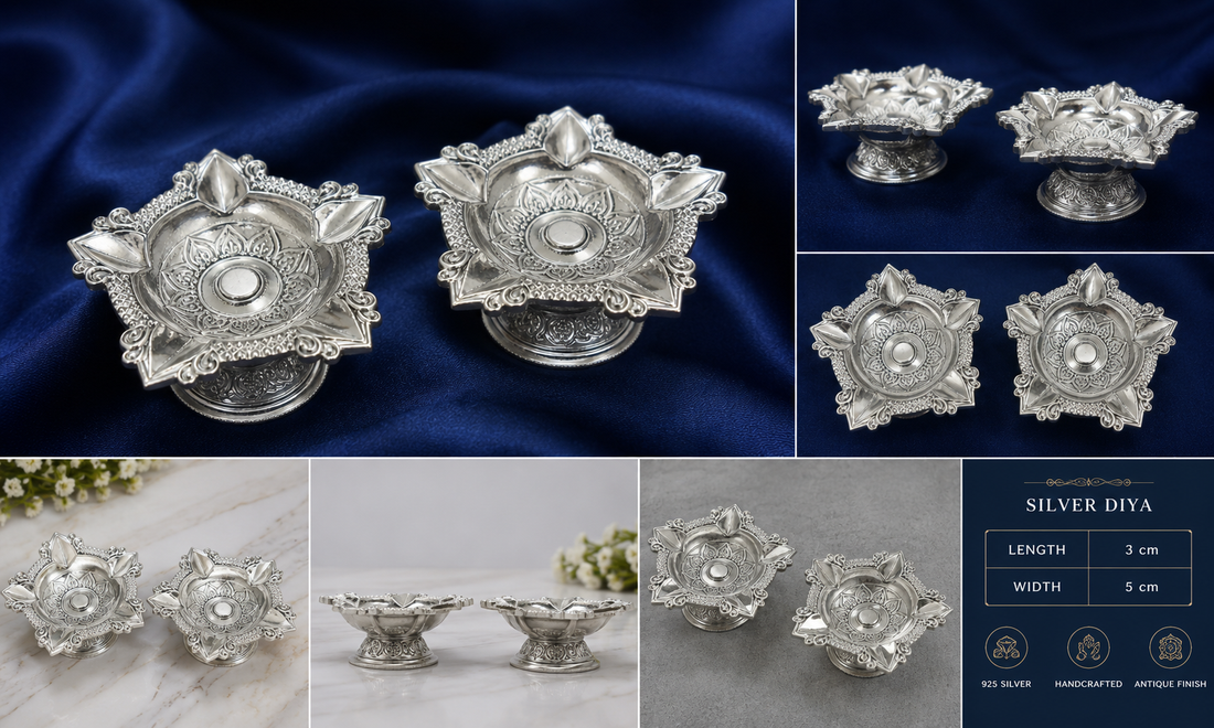 925 Sterling Silver Ornate Lotus Diya Pair - image 2