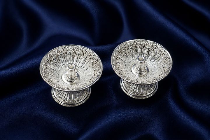 925 Sterling Silver Engraved Pedestal Diya - image 1