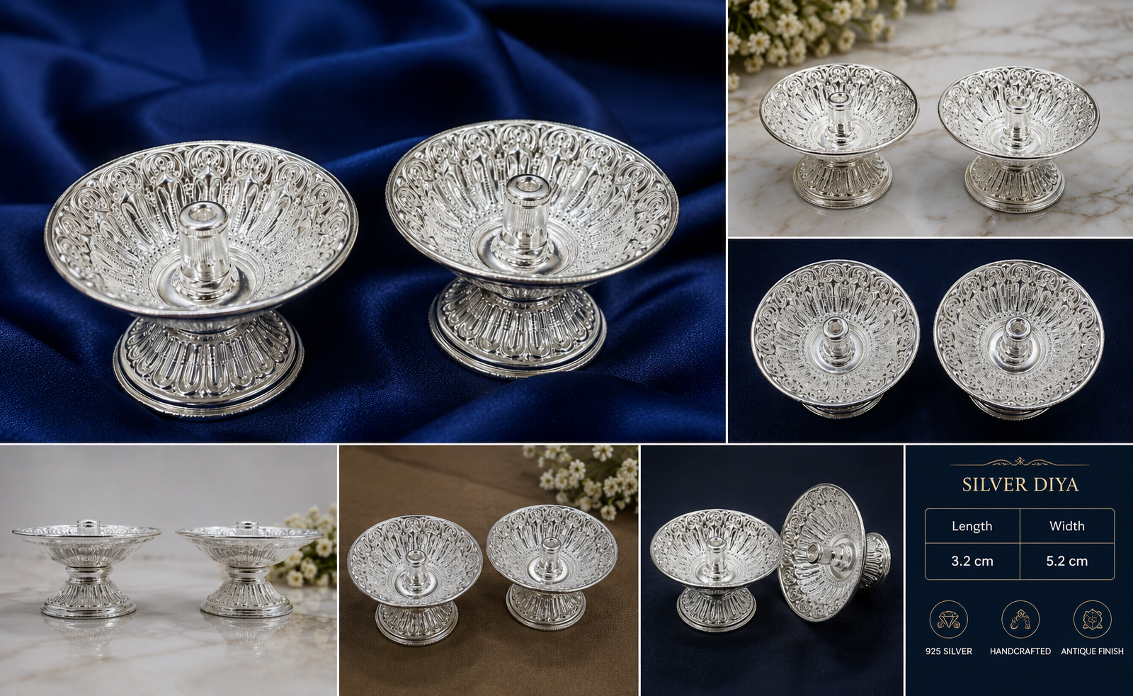 925 Sterling Silver Engraved Pedestal Diya Pair - image 2
