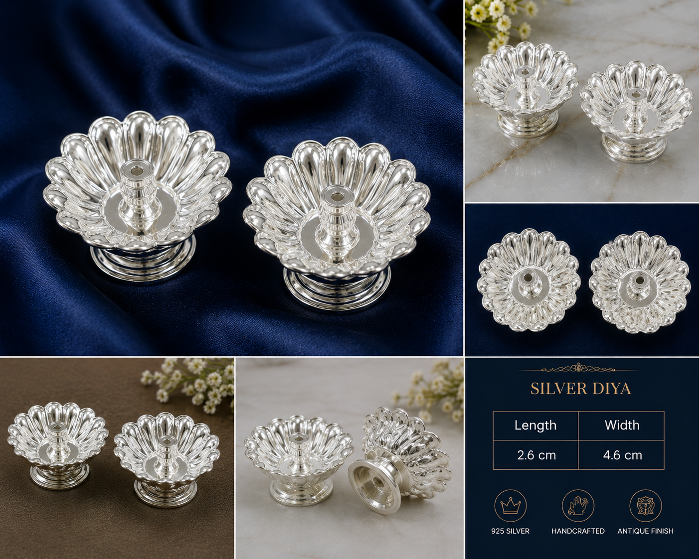 925 Sterling Silver Floral Petal Diya Pair - image 2