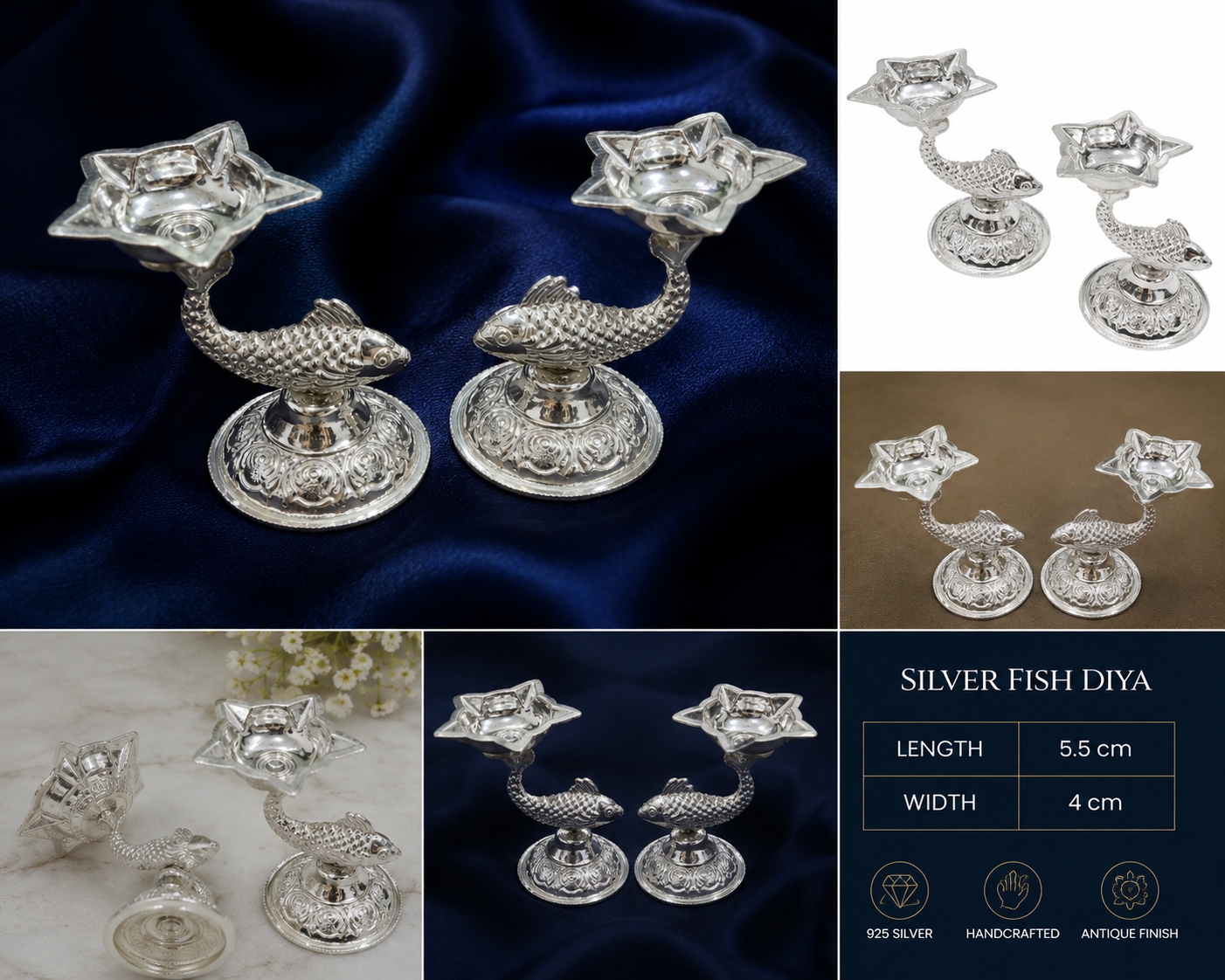 925 Sterling Silver Fish Design Diya Pair - image 2