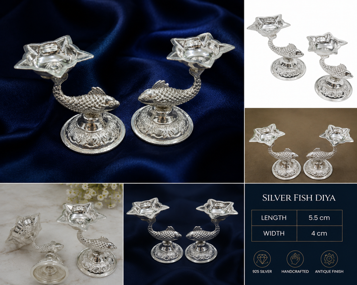 925 Sterling Silver Fish Design Diya Pair - image 2