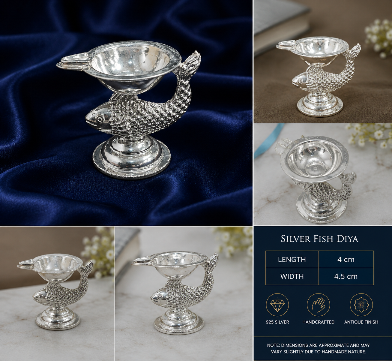 925 Sterling Silver Fish Design Diya - image 2