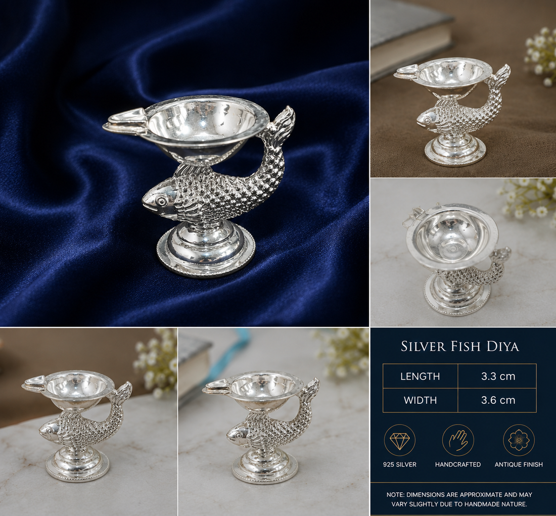 925 Sterling Silver Compact Fish Design Diya - image 2