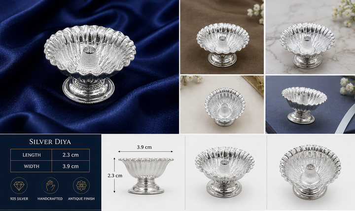 925 Sterling Silver Fluted Pedestal Diya - image 2