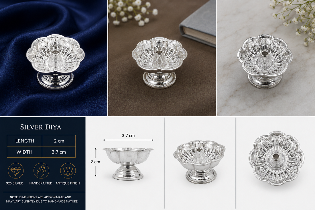 925 Sterling Silver Floral Pedestal Diya - image 2