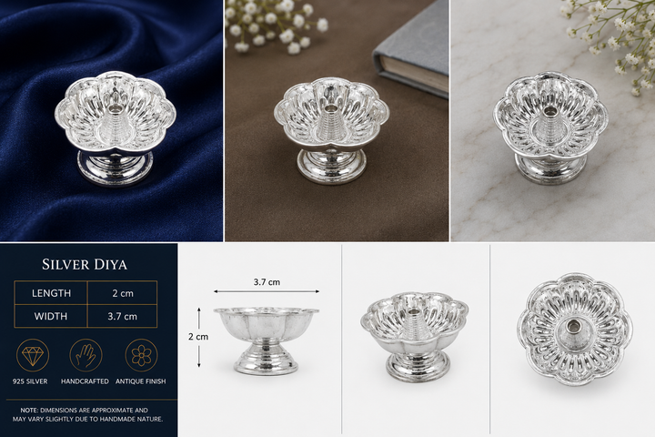 925 Sterling Silver Floral Pedestal Diya - image 2