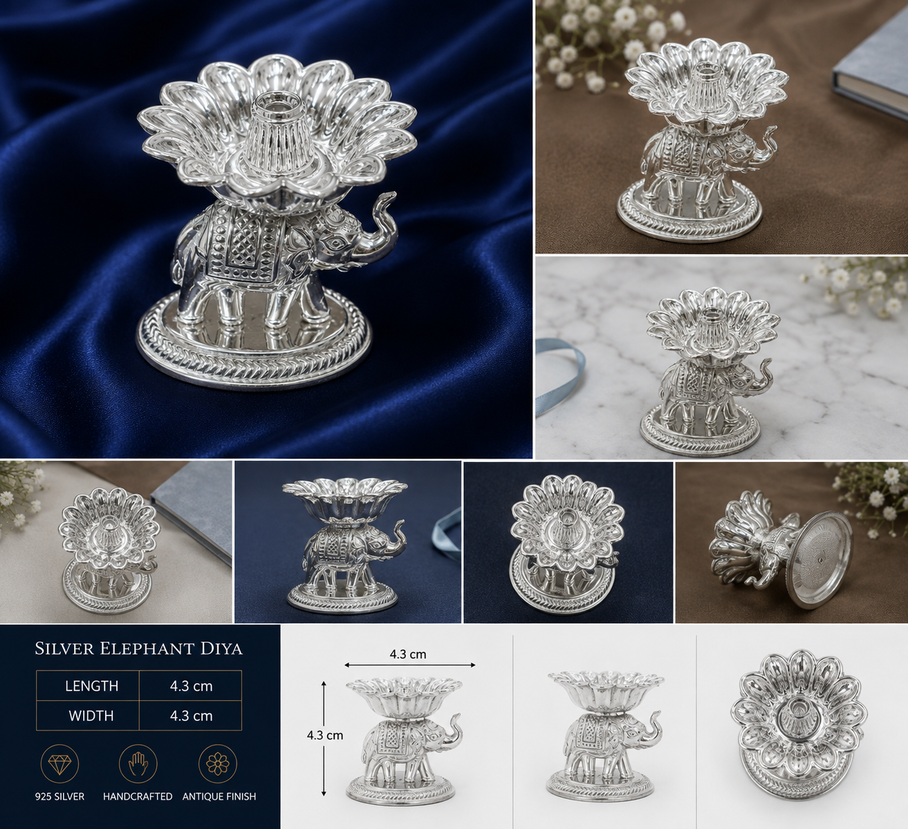 925 Sterling Silver Elephant Design Diya - image 2