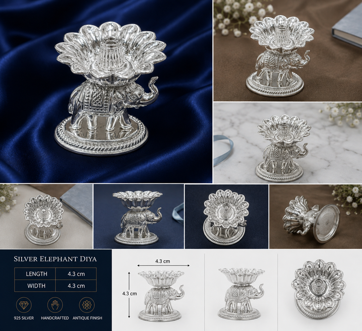 925 Sterling Silver Elephant Design Diya - image 2