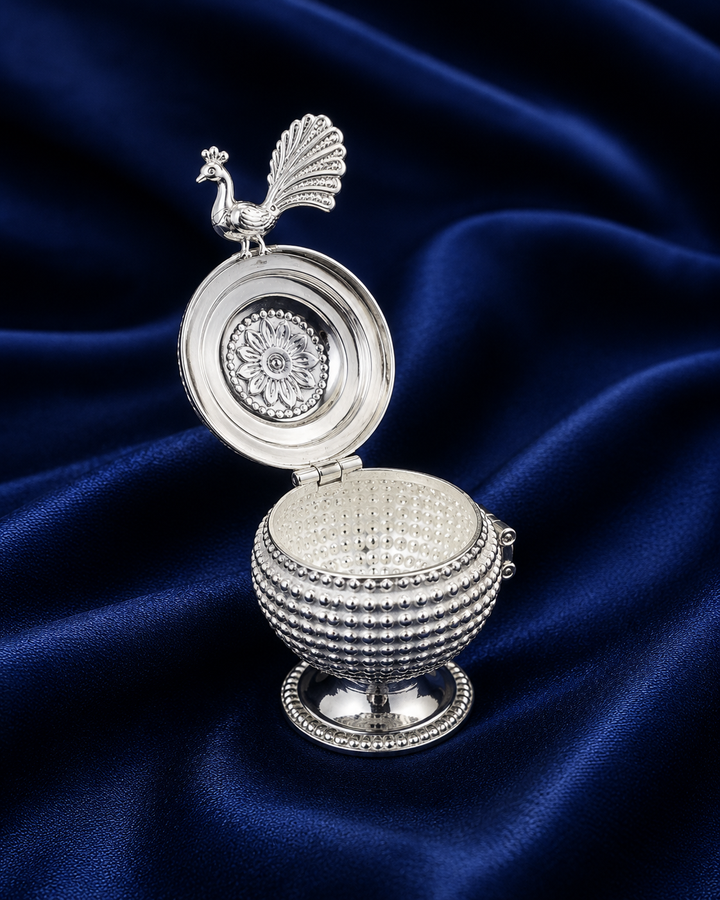 925 Sterling Silver Beaded Peacock Sindoor Box - image 2
