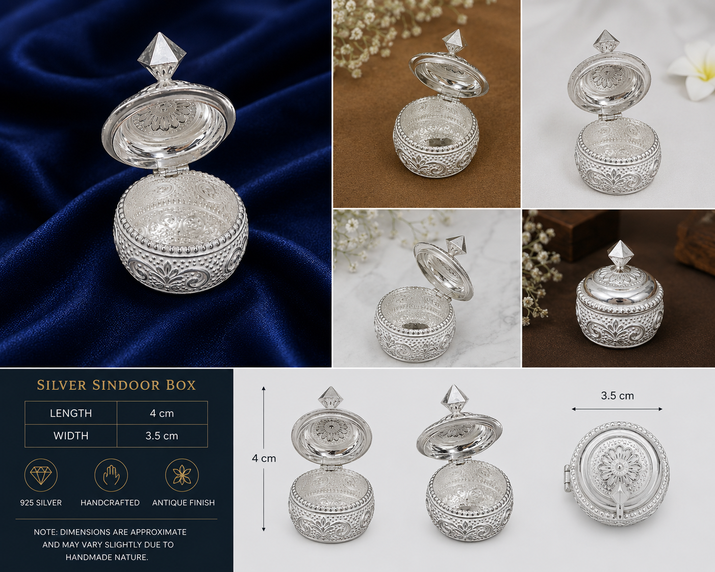 925 Sterling Silver Diamond Top Sindoor Box - image 3