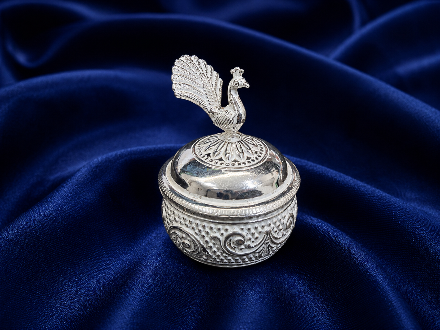 925 Sterling Silver Ornate Peacock Sindoor Box - image 1