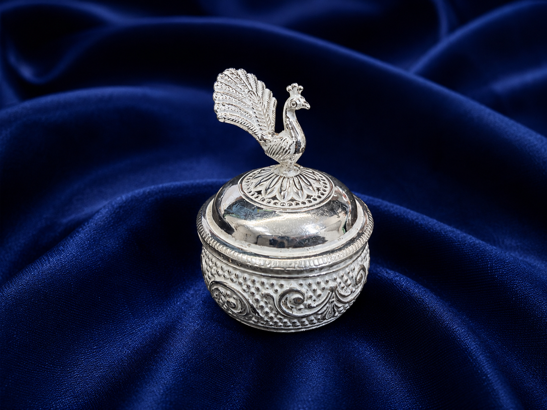 925 Sterling Silver Ornate Peacock Sindoor Box - image 1