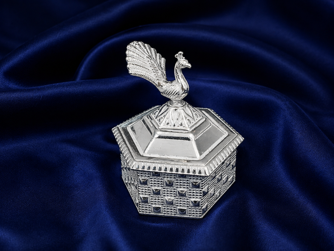 925 Sterling Silver Hexagonal Peacock Sindoor Box - image 2