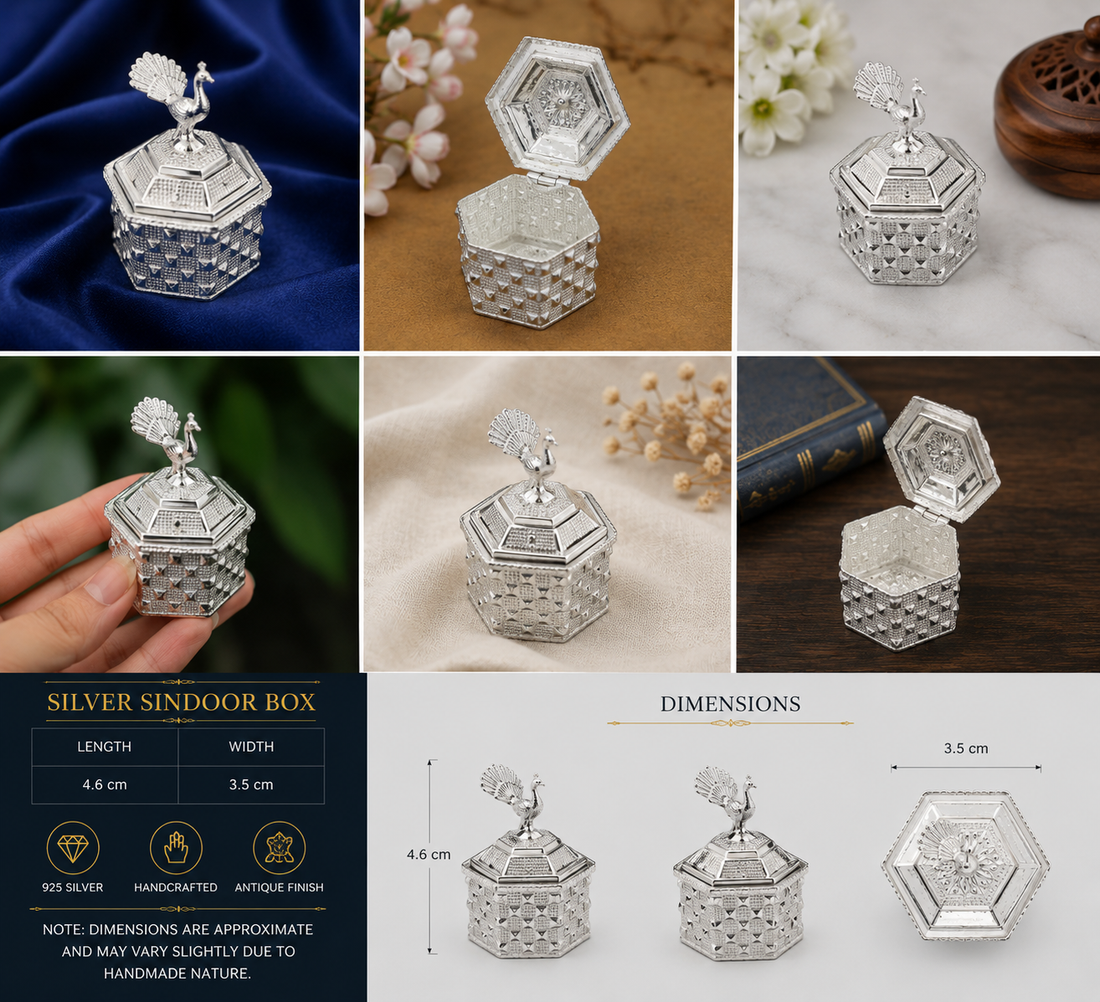 925 Sterling Silver Hexagonal Peacock Sindoor Box - image 3