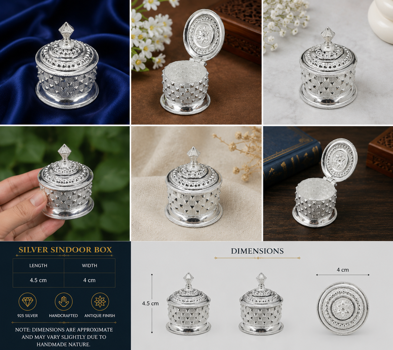 925 Sterling Silver Diamond Top Round Sindoor Box - image 3