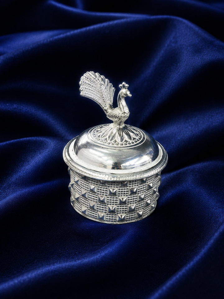 925 Sterling Silver Textured Peacock Round Sindoor Box - image 1