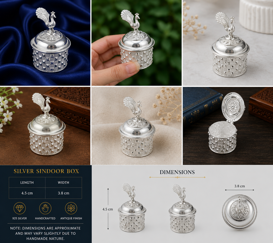 925 Sterling Silver Textured Peacock Round Sindoor Box - image 3