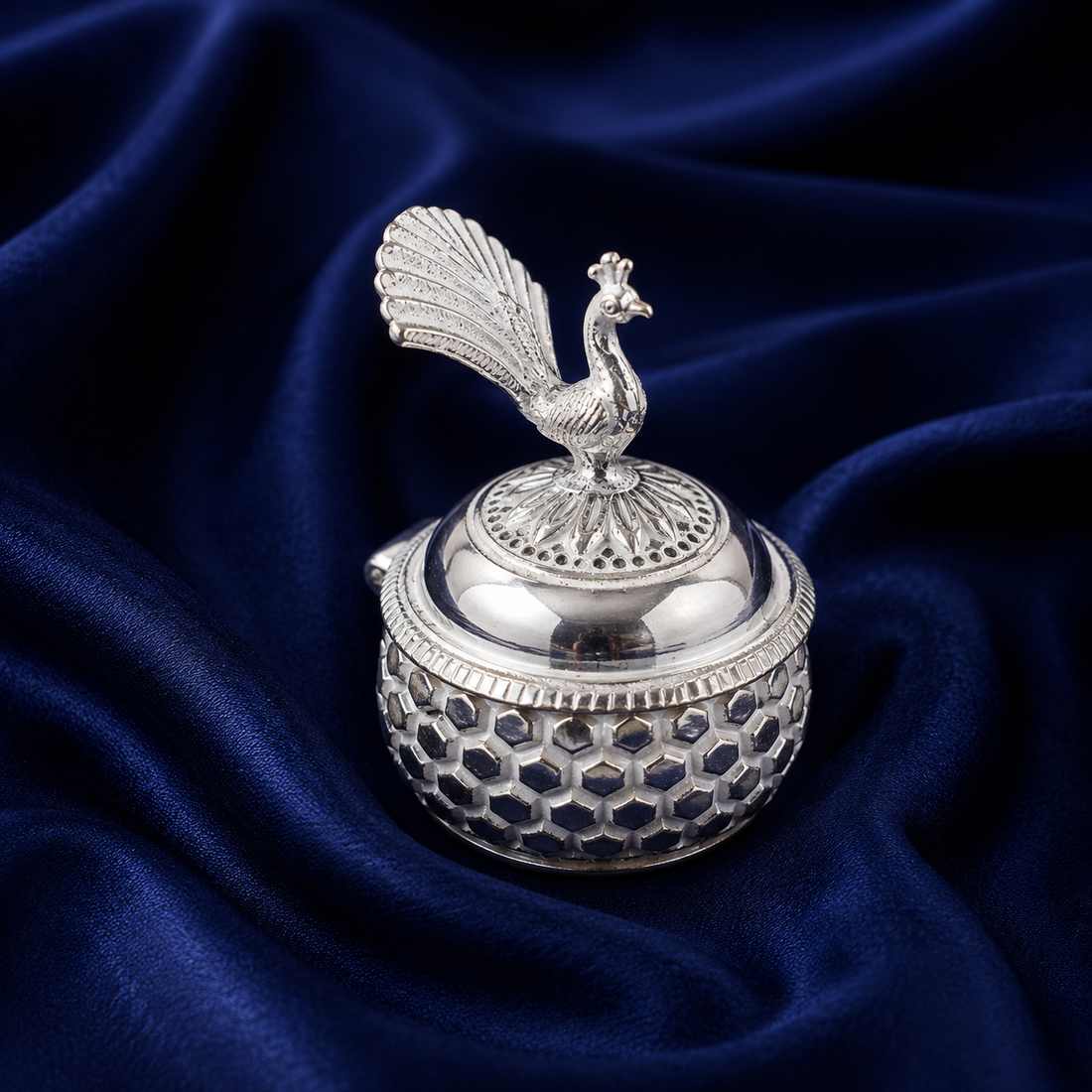 925 Sterling Silver Honeycomb Peacock Sindoor Box - image 1
