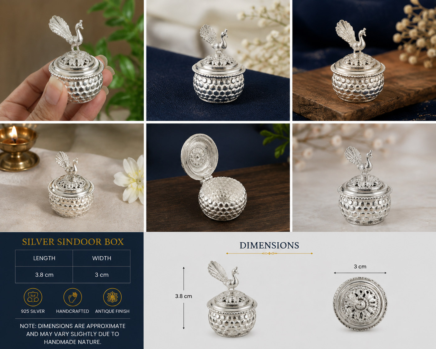 925 Sterling Silver Honeycomb Peacock Sindoor Box - image 3