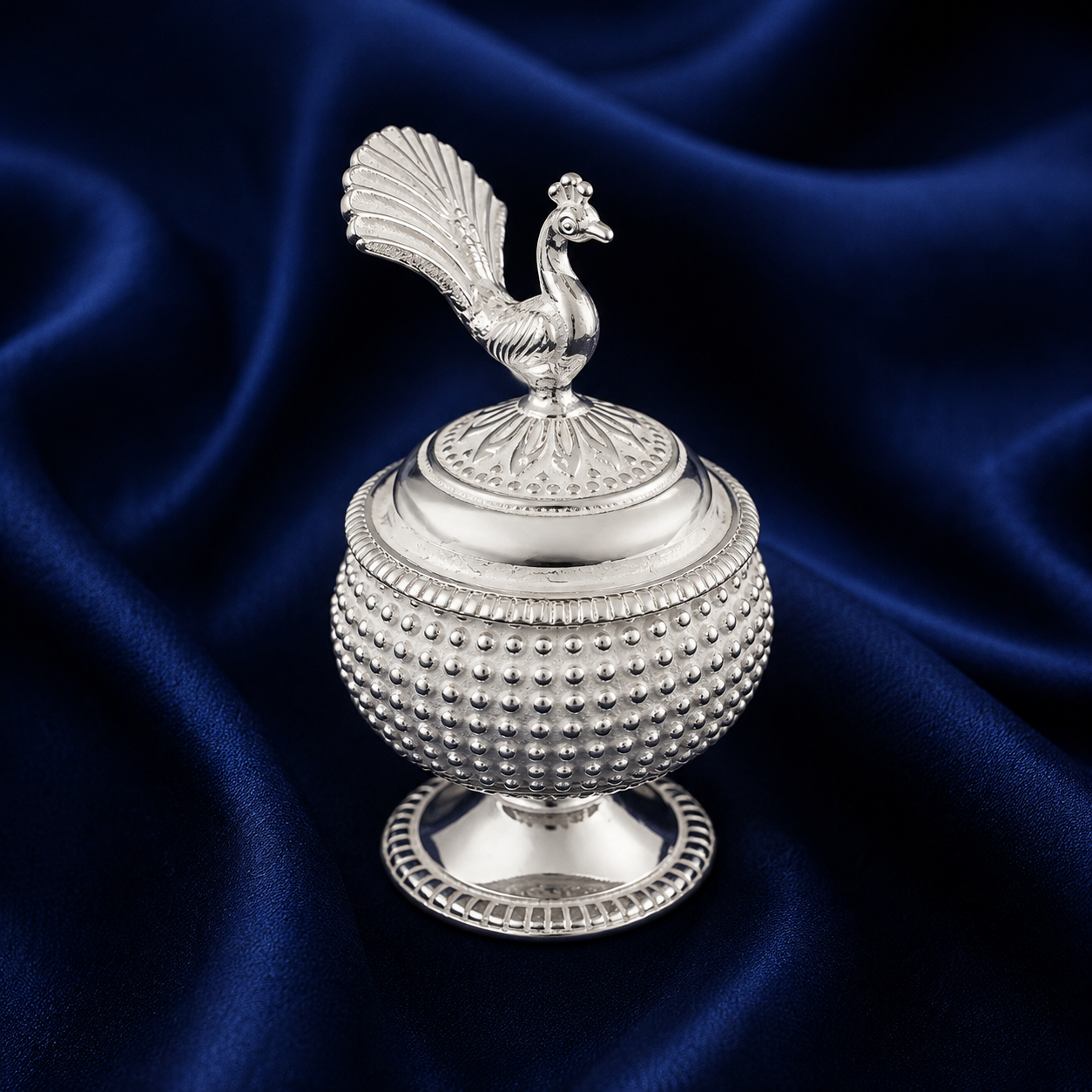 925 Sterling Silver Beaded Peacock Pedestal Sindoor Box - image 1
