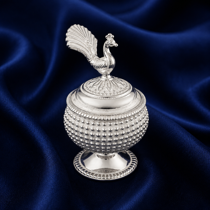 925 Sterling Silver Beaded Peacock Pedestal Sindoor Box - image 1