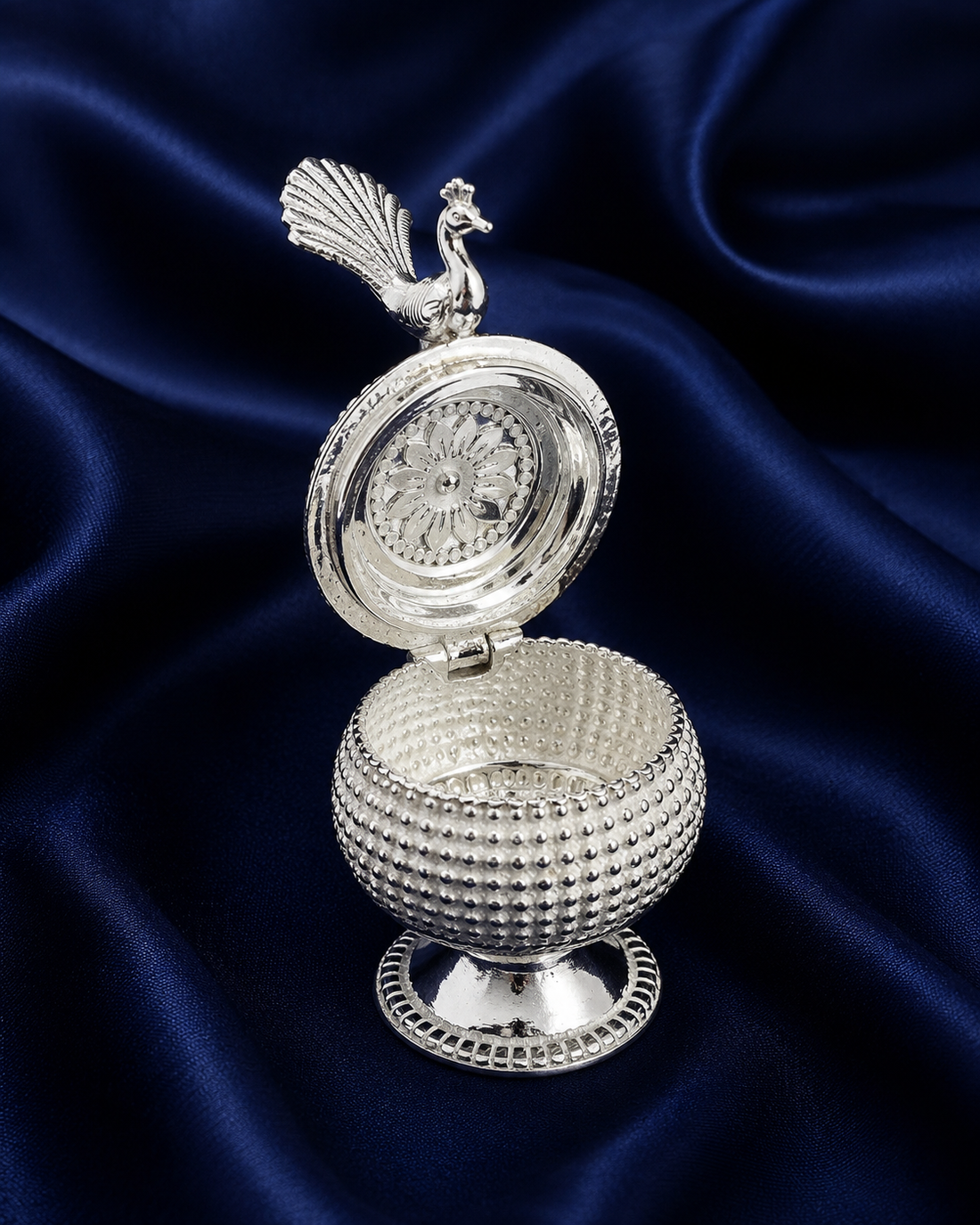 925 Sterling Silver Beaded Peacock Pedestal Sindoor Box - image 2