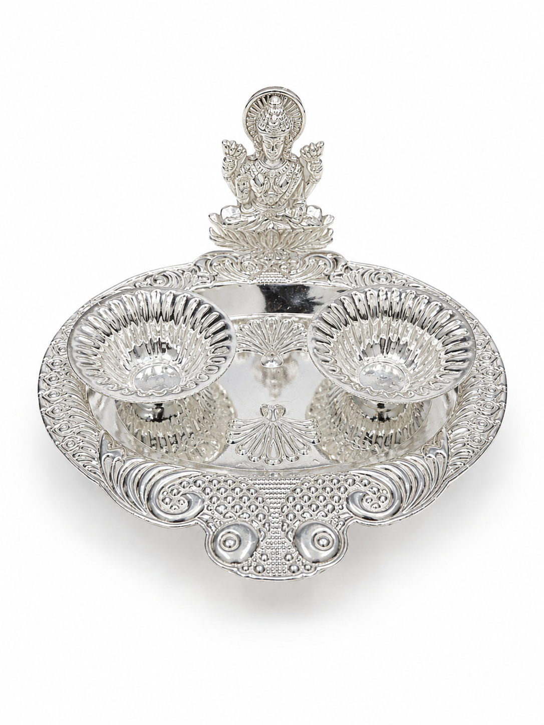 Real Silver Lakshmi Double Diya Pooja Thali with Ornate Tray - image 1