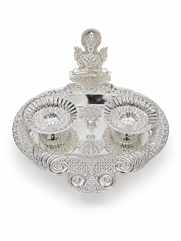 Real Silver Lakshmi Double Diya Pooja Thali with Ornate Tray - image 1