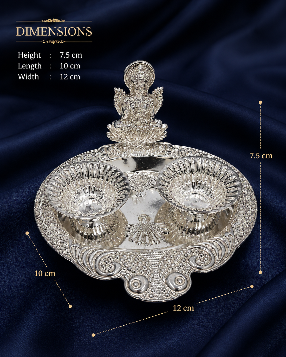 Real Silver Lakshmi Double Diya Pooja Thali with Ornate Tray - image 2