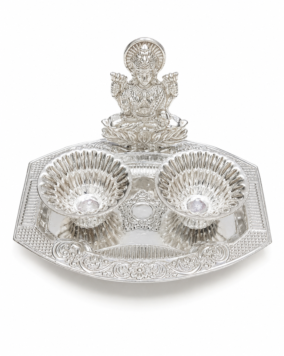 Real Silver Lakshmi Double Diya Pooja Thali – Decorative Tray - image 1