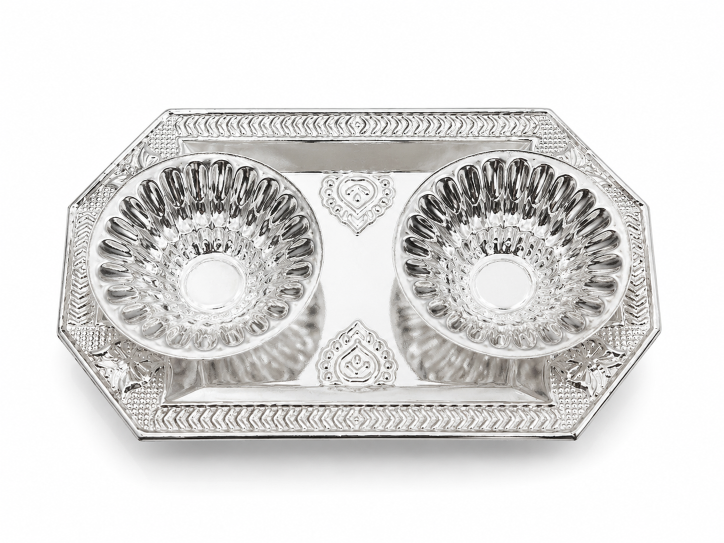 Real Silver Double Diya Pooja Tray – Rectangular Floral Design - image 1