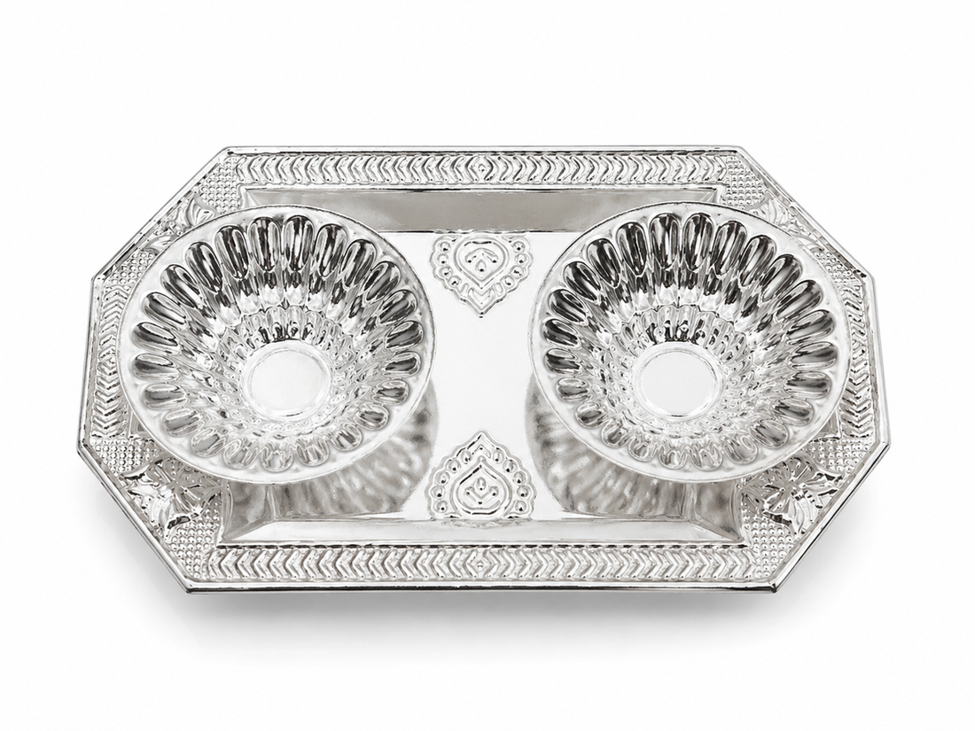 Real Silver Double Diya Pooja Tray – Rectangular Floral Design - image 1