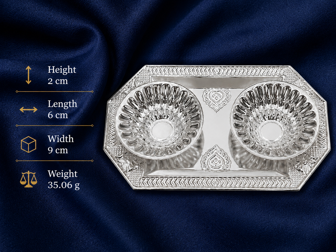 Real Silver Double Diya Pooja Tray – Rectangular Floral Design - image 2